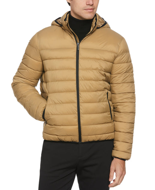 Perry Ellis Men's Lightweight Hooded Puffer Jacket in Elmwood/Brown, Size 2XL, 100% Nylon, Solid, Regular