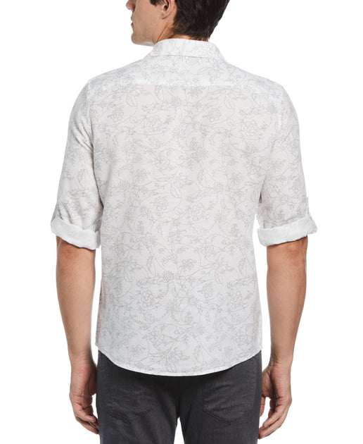 Untucked Linen Blend Roll Sleeve Vine Print Shirt | Perry Ellis