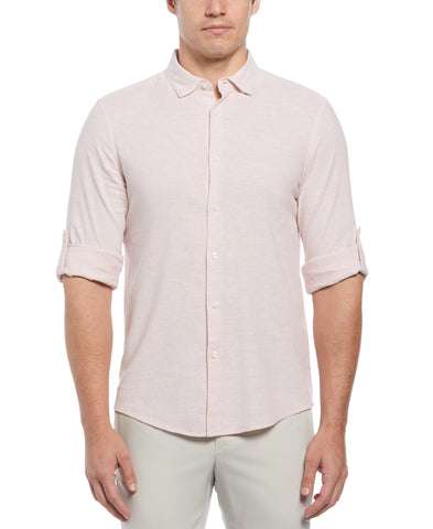 Untucked Slim Fit Linen Blend Rolled Sleeve Shirt | Perry Ellis