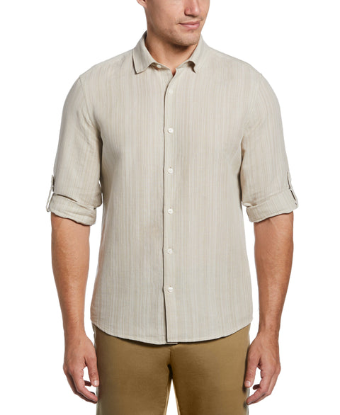 Linen Blend Print Roll Sleeve Shirt | Perry Ellis