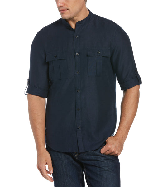 Linen Blend Roll Sleeve Military Shirt | Perry Ellis