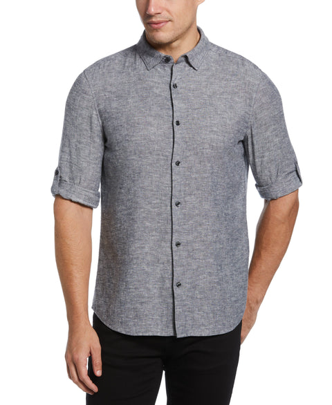 Untucked Slim Fit Linen Blend Rolled Sleeve Shirt | Perry Ellis